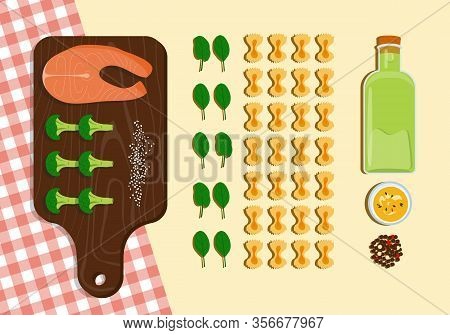 Food Knolling Fish, Pasta, Broccoli, Sesame, Olive Oil Trendy Arranging Vector Illustration. Delicio