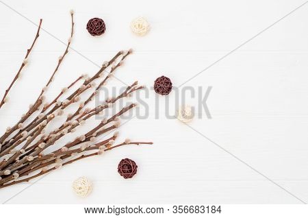Flowering Willow Branches With Fluffy Buds And And Rotang Balls On A White Background. Spring Card T