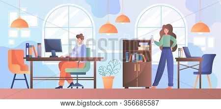 Modern Creative Office In Contemporary Co-working Center With Young Man And Young Woman In Their Wor