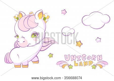 Cute White Little Girl Princess Unicorn With Pink Hair And Stars