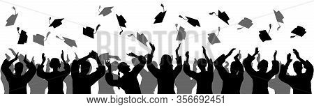 Graduation. Happy Students Graduates Toss Up Caps. Silhouettes, Vector Illustration.