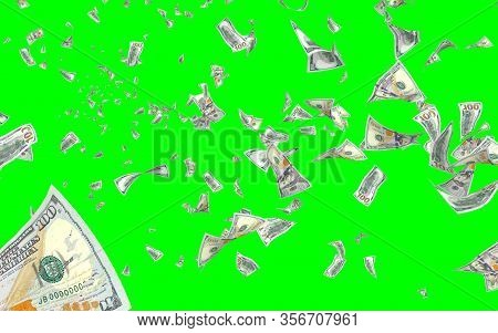 Flying Dollars Banknotes Isolated On Chromakey. Money Is Flying In The Air. 100 Us Banknotes New Sam