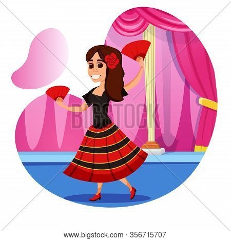 Vigorous Tiny Brunette With Rose In Her Loose Hair, Wearing Black And Red Dress, Performing Traditio
