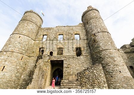 Editorial, Interior Of Harlech Castle With Towers, Gatehouse And Tourists