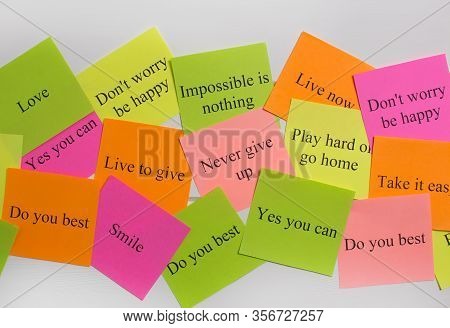Motivational Words On Colorful Stickers On White Background. A Vision Board. Cards With Words. Affir