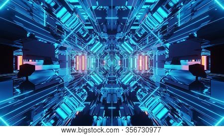 3d Illustration Background Wallpaper Graphic Artwork With Blue Neon Wireframe Science Fiction Tunnel