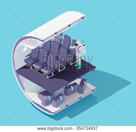 Vector Isometric Aircraft Disinfection To Prevent Spread Of Covid-19 Or Coronavirus. Airline Passeng