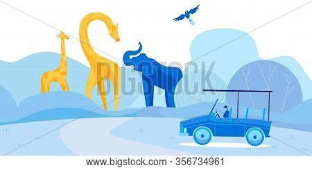 Young Man On Car In African Wilderness Atmosphere. Adventurous Cartoon Male Character Driving Van An