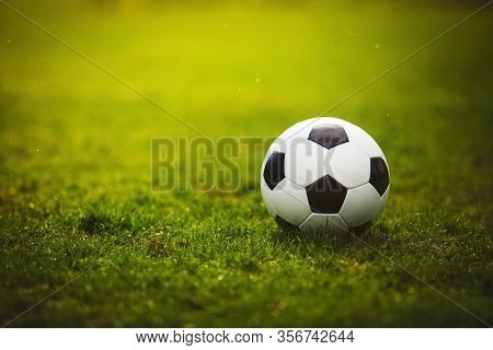 Classic Soccer Ball In Sunset  With Typical Black And White Pattern, Placed On Stadium Turf. Traditi
