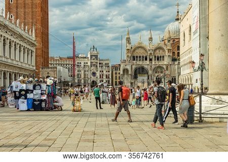 St. Mark Square, Venice, Italy - August 02, 2019: Loggetta Del Sansovino Museum, Torre Dell Orologio