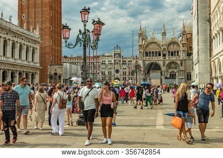 St. Mark Square, Venice, Italy - August 02, 2019: Loggetta Del Sansovino Museum, Torre Dell Orologio