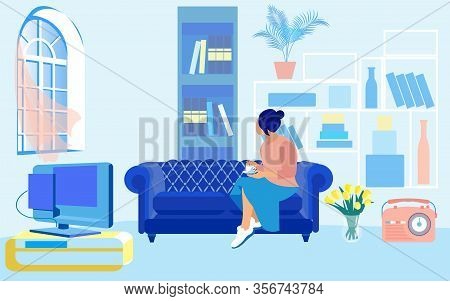 Young Woman, Having Her Coffee, Sitting On Blue Cozy Sofa With Comfortable Mattress. Spacious Room W