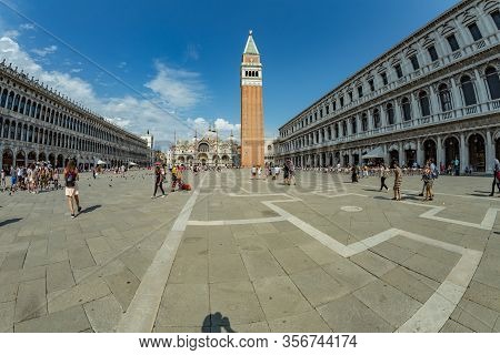 St. Mark Square, Venice, Italy - August 02, 2019: Loggetta Del Sansovino Museum, Torre Dell Orologio