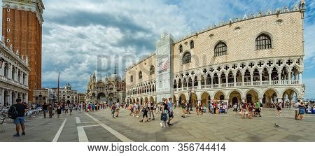 St. Mark Square, Venice, Italy - August 02, 2019: Loggetta Del Sansovino Museum, Torre Dell Orologio