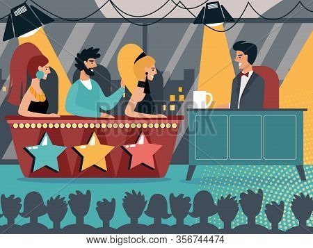 Television Show Broadcasting With People Sit At Desk With Stars And Host Or Tv Presenter At Table Un