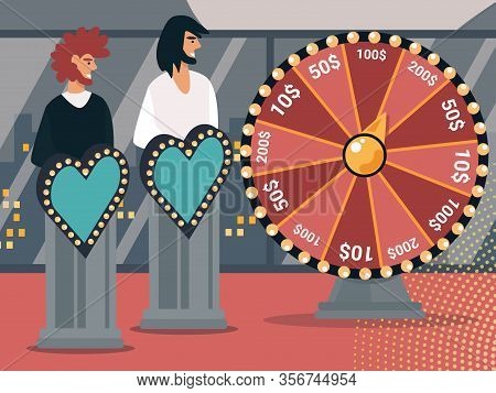 Couple Of Love Show Participants Characters Stand On Podiums With Glowing Heart Decoration Near Of F