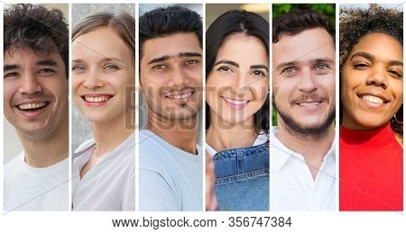 Happy Multiethnic Young Men And Women Portrait Set. Cheerful Diverse People In Casual Multiple Shot 