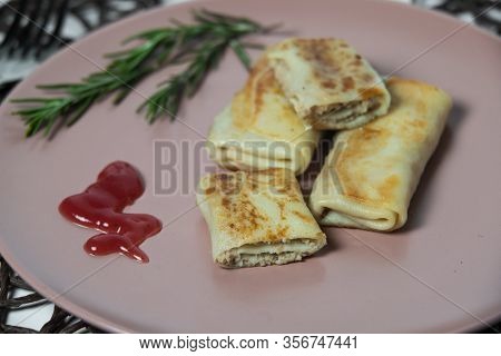 Pancakes With Cottage Meat, Homemade Traditional Ukrainian Dish Nalysnyky