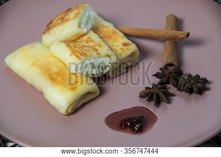 Pancakes With Cottage Cheese , Homemade Traditional Ukrainian Dish Nalysnyky
