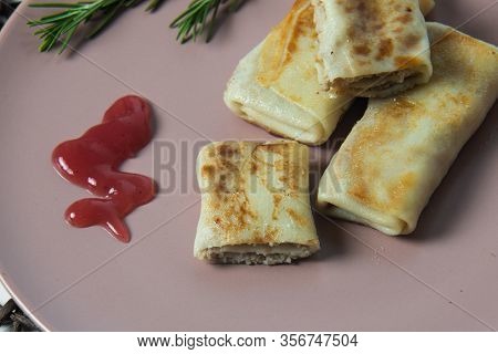 Pancakes With Cottage Meat, Homemade Traditional Ukrainian Dish Nalysnyky