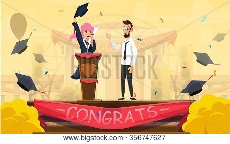Young Smiling Female Student In Gown Giving Graduation Ceremony Speech On Stage. Mortarboard With Te