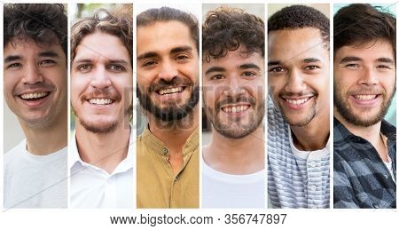 Happy Handsome Young Men Portrait Set. Smiling Caucasian, Black, Mix Raced Guys Multiple Shot Collag