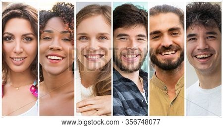 Cheerful Positive Young Men And Women Of Different Races Portrait Set. Black, Caucasian, Mix Raced P