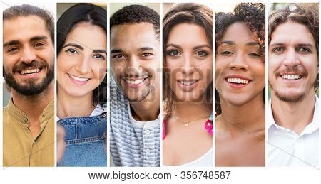 Joyful Multiracial Young People Portrait Set. Happy Smiling Men And Women Of Different Races Multipl