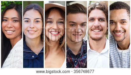 Joyful Positive Young People Portrait Set. Smiling Multiracial Young Men And Women In Casual Multipl
