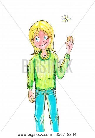 Modern Illustration With Cartoon Girl On White Background.