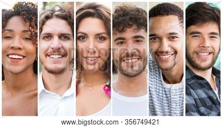 Happy Attractive Young People Of Different Races Portrait Set. Black, Caucasian, Mix Raced Men And W