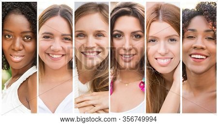 Happy Beautiful Diverse Ladies Portrait Set. Smiling Young Women Of Different Races Multiple Shot Co