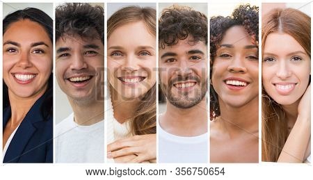 Happy Joyful Diverse Young Men And Women Portrait Set. Smiling People Of Different Races Multiple Sh
