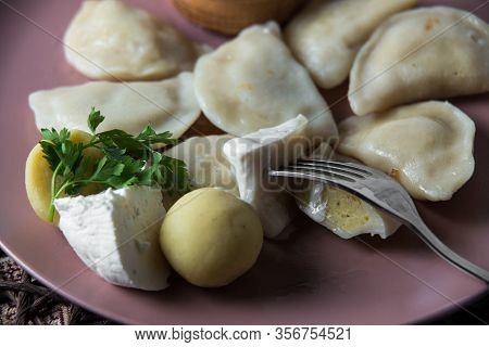 Dumplings With Potatoes, Homemade Traditional Ukrainian Dish Varenyky