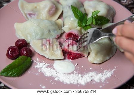 Dumplings With Cherry, Homemade Traditional Ukrainian Dish Varenyky