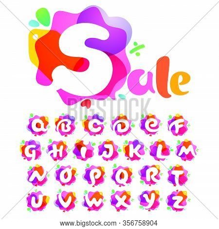 Alphabet With Sale Icons. Overlapping Watercolor Negative Space Font. Perfect Typeface For Shop Iden