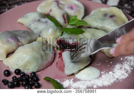 Dumplings With Bilberry, Homemade Traditional Ukrainian Dish Varenyky