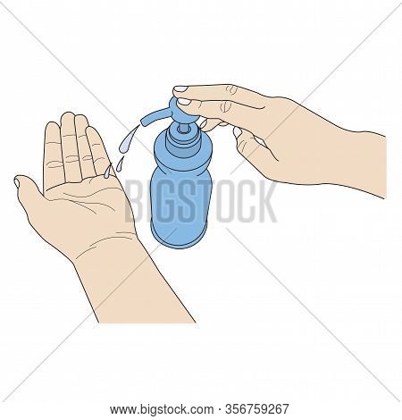 Hand And Pumping Bottle. Hands Pumping Out Cream From Bottle. Isolated On White Background.