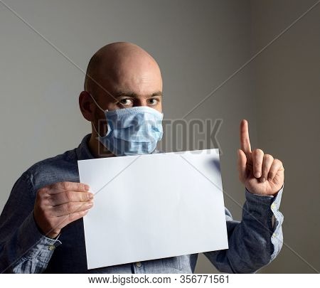 Caucasian Attention Gesture Man Wearing Protective Standard Ffp1 Antiviral Face Mask With White Blan