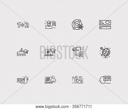 Elearning Icons Set. Geography And Elearning Icons With Distance Leaning, Astrophysics And Rulers. S