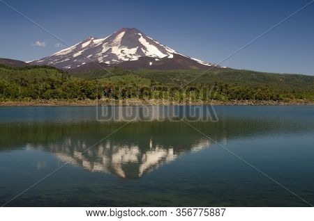 Llaima Volcano Reflected On The Conguillio Lake. Conguillio National Park. Araucania Region. Chile.