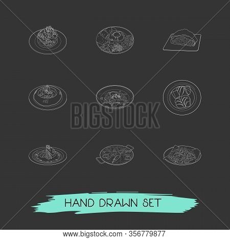 Set Of Culinary Icons Line Style Symbols With Spanish Paella, Austrian Apfelstrudel, Nutrition And O