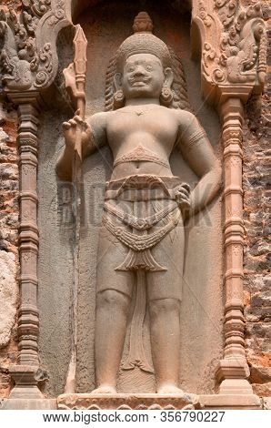 Sculpture Of A Dvarapala, Or Guardian Figure, In The Angkorian Temple Of Preah Ko
