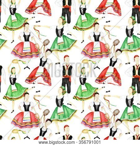 Seamless Pattern Dancers In National Costume An Italian Tarantella With A Tambourine On White Backgr