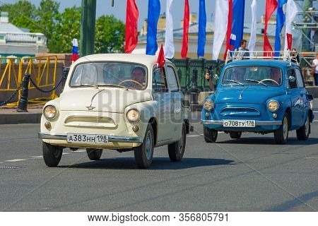 Saint Petersburg, Russia - May 25, 2019: Two Soviet Cars Zaporozhets Zaz-965 On The Retro Transport 