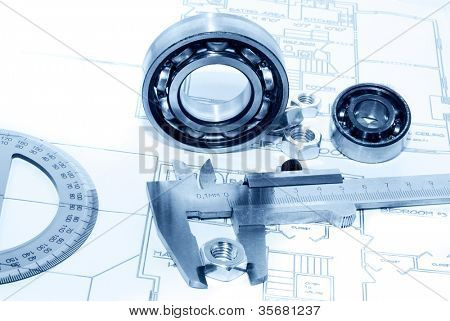 Rakennus työkaluja piirustus pohjalla.