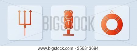 Set Gauge Scale, Neptune Trident And Lifebuoy. White Square Button. Vector