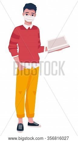 A Boy In A Medical Mask With A Book In His Hands. Vector Illustration On White Background