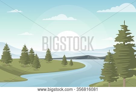 Winding River Mountain Forest Beautiful Rural Nature Landscape Illustration