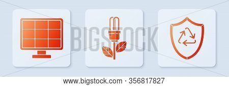 Set Light Bulb With Leaf, Solar Energy Panel And Recycle Symbol Inside Shield. White Square Button. 
